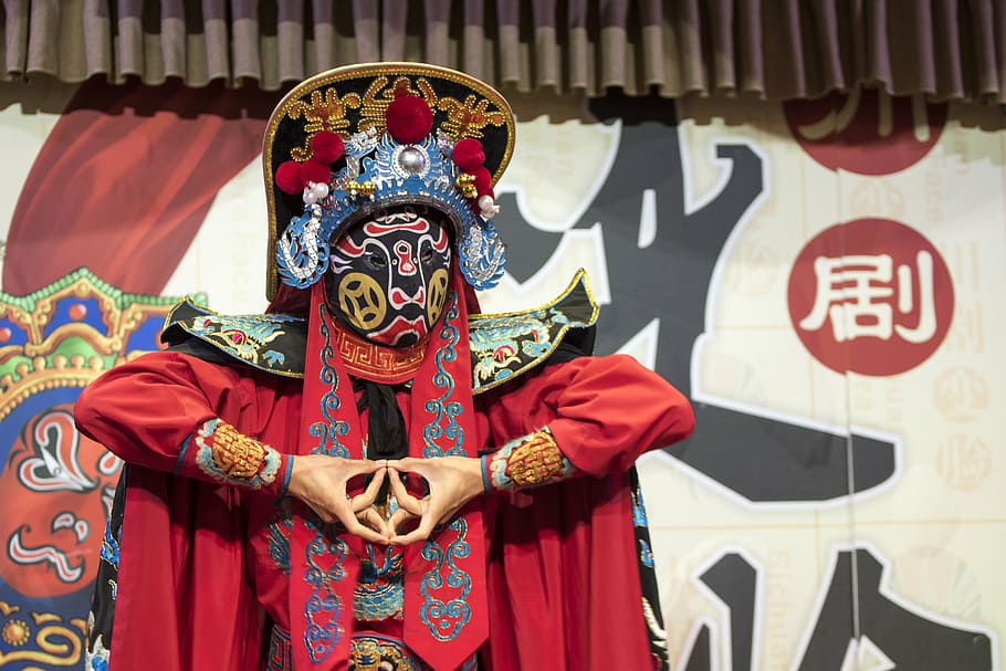 kabuki, em pé, estágio, ópera chinesa, máscara, traje, tradicional, cultura, culturas, roupas tradicionais