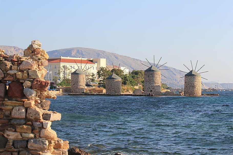 quios, grecia, molino de viento, mar, puerto deportivo, ruinas, vacaciones, viajes, excursiones, arquitectura