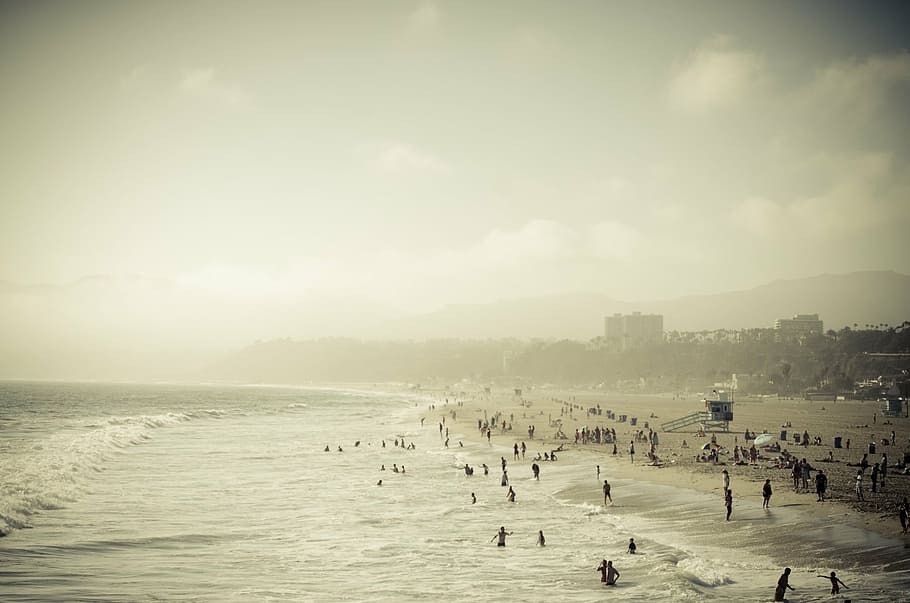 landscape of seashore, beach, sandy beach, ocean, pacific, california, people, swimming, bathing, water