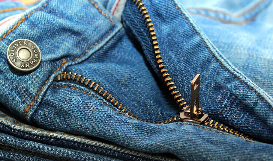 blue, denim bottom zipper, zip, krampen, small teeth, pusher, jean button, jeans, clothing, textile