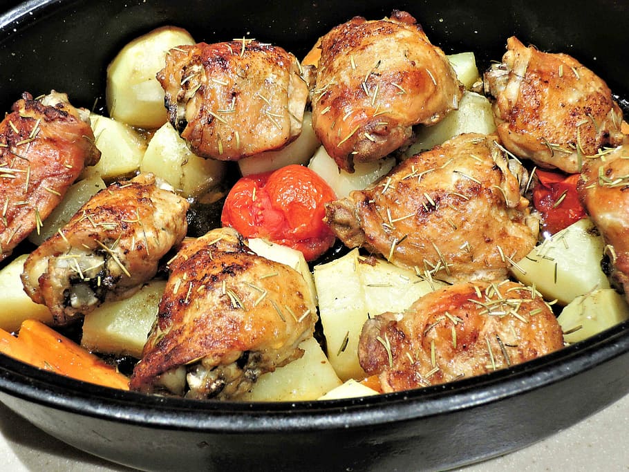 roasted chicken thighs, potatoes, carrots, tomatoes, olive oil, garlic, food, food and drink, meat, freshness