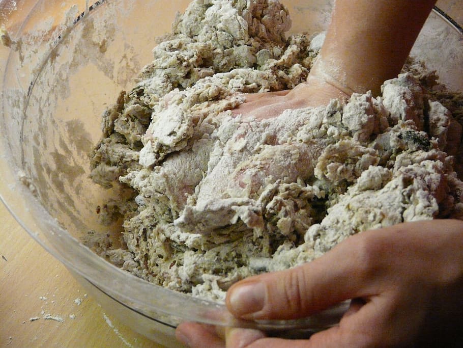 person, mixing, mixture, clear, glass bowl, Bake, Dough, Knead, Flour, Bowl