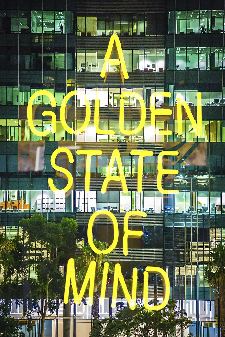 golden, state, mind neon light signage, architecture, building, infrastructure, glass, typography, sign, text