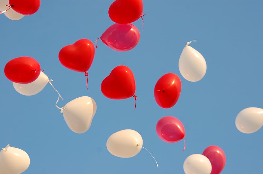 balloons, feast, love, heart, balloon, sky, low angle view, celebration, mid-air, nature
