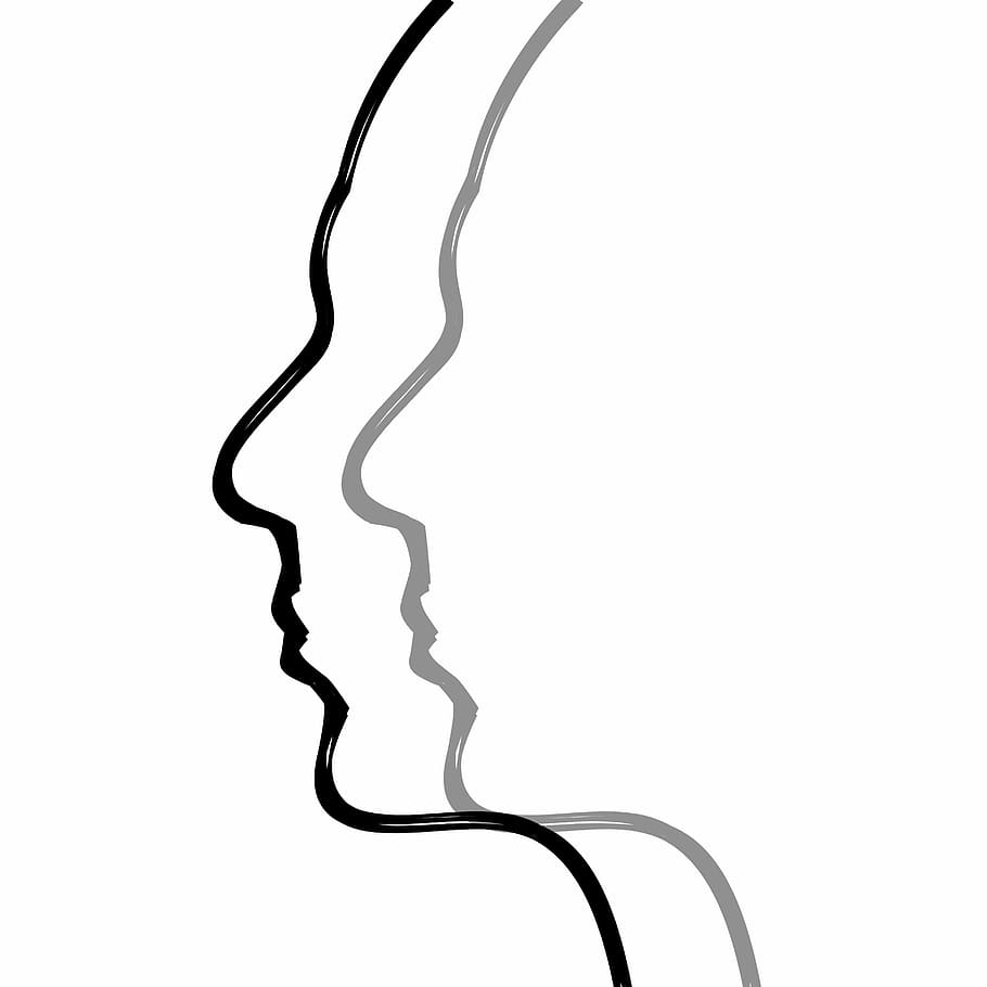 Negro, gris, boceto de la vista lateral, cabeza, cerebro, pensamientos, cuerpo humano, cara, psicología, concentración