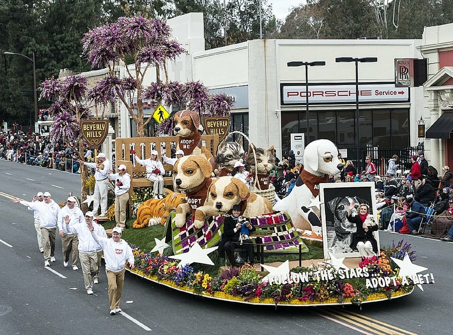 parade, float, dogs, floral, rose parade, street, colorful, flower, crowds, event
