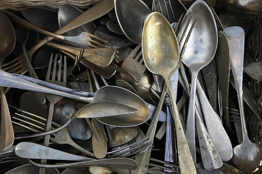 cubiertos, cuchara, tenedor, vintage, plata, acero, cocina, mesa, abuela, óxido