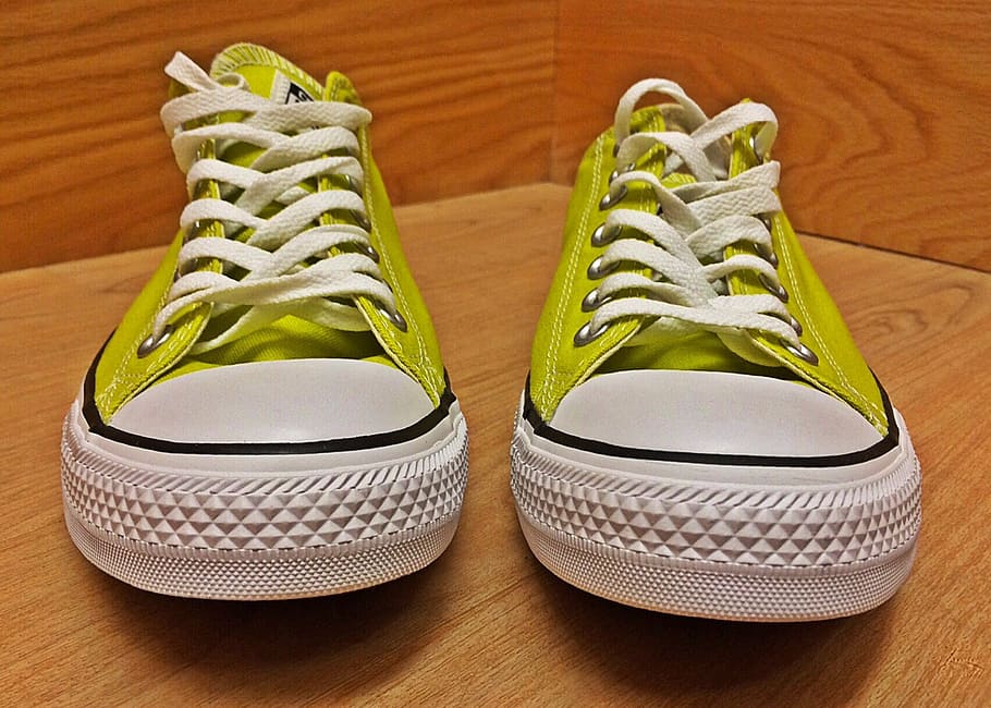 pair, green, converse, all-star, low-top sneakers, wooden, surface, all star, sneakers, chucks