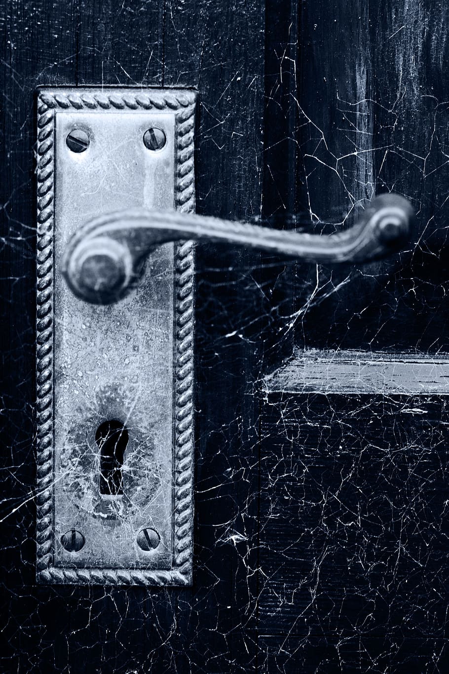 silver door lever, black, wooden, halloween, spooky, scary, detail, dirty, door, handle