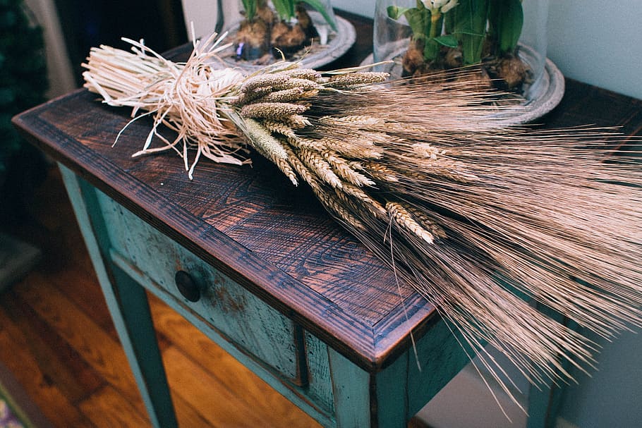 brown, plant, table, wheat, cereals, countryside, bunch, dried, decoration, interior decoration