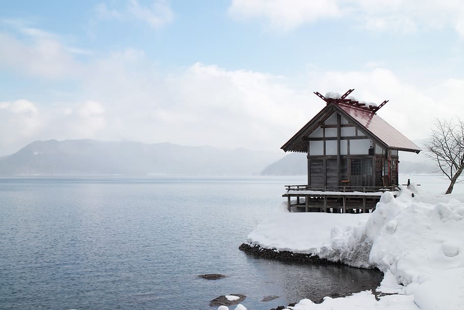 japan, akita, lake winter, snow, hut, cloud - sky, sky, water, architecture, built structure