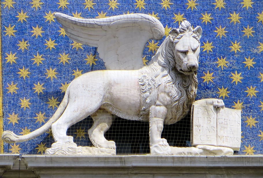 itália, veneza, estátua, leão, brasão de armas, mamífero, animal, representação, temas de animais, arte e artesanato