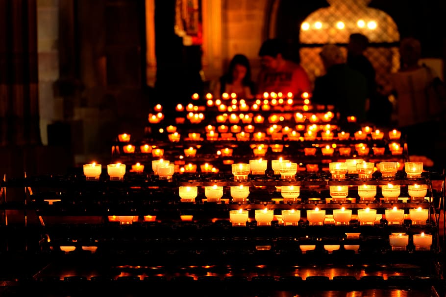 selective, focus photography, lighted, candles, inside, church, lights, light, atmospheric, background