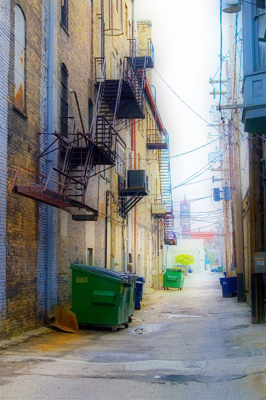 ally, dumpster, fire escape, buildings, alleyway, brick, city, downtown, electrical wires, garbage
