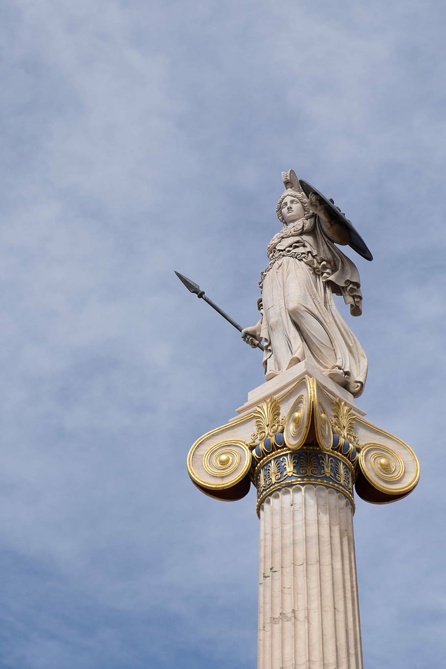 woman, holding, spear, shield statue, ancient history, athena, athens, greek, mythology, sky