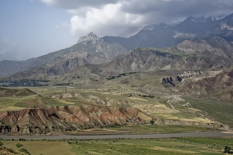tajikistan, abe-e-panj river valley, valley, river, water, sky, clouds, the pamir highway, landscape, mountains
