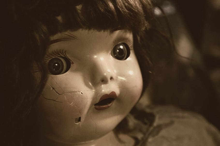 preto, boneca de cabelo, rachaduras, boneca, rachado, cara, assustador, sépia, quebrado, brinquedo