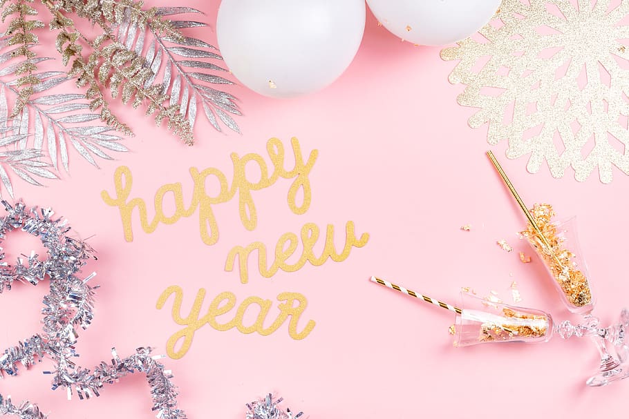 ano novo, plano de fundo, festa, rosa, champanhe, ouro, decoração, decorações, flatlay, cópia