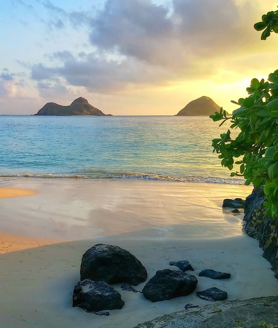 black, rocks, beach sand, island, paradise, hawaii, tropical, shore, ocean, travel