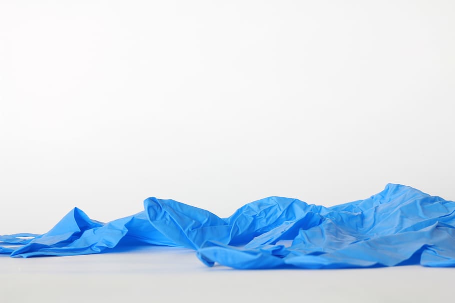 Gloves, Rubber, blue, no People, crumpled, garbage, white, copy space, studio shot, backgrounds