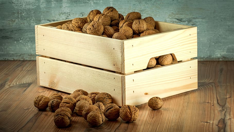 brown, wooden, crate, nuts, crop, collection, background, healthy, food, wood - material