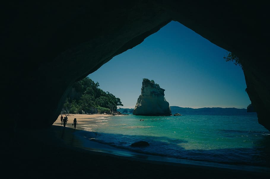 blue, body, water, cave, new zealand, beach, cathedral cove, sand, coast, shore