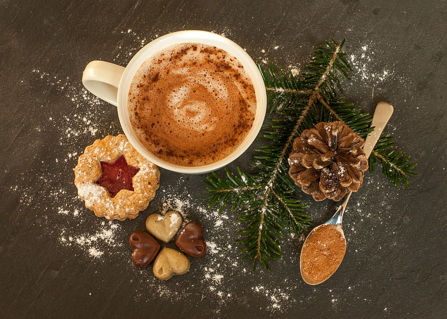 cappuccino, kue, pohon pinus, cokelat panas, coklat, kedatangan, natal, manis, kelezatan, makanan