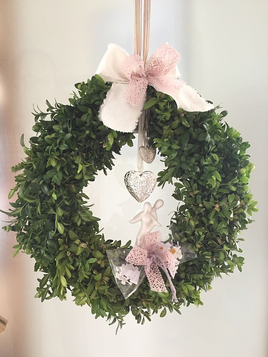 decoration, wreath, boxwood, romantic, live, ornament, loop, ring, branches, pink