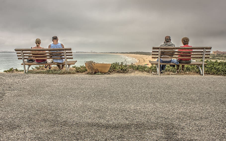 PORTUGAL, two, couples, sit, benches, beach, men, sitting, two people, seat