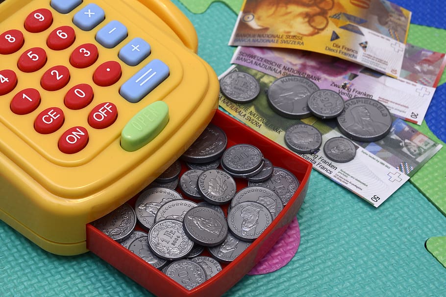 oranye, merah, terminal kartu kredit, mainan koin, kasir mainan, bermain, uang, plastik, kunci, membayar