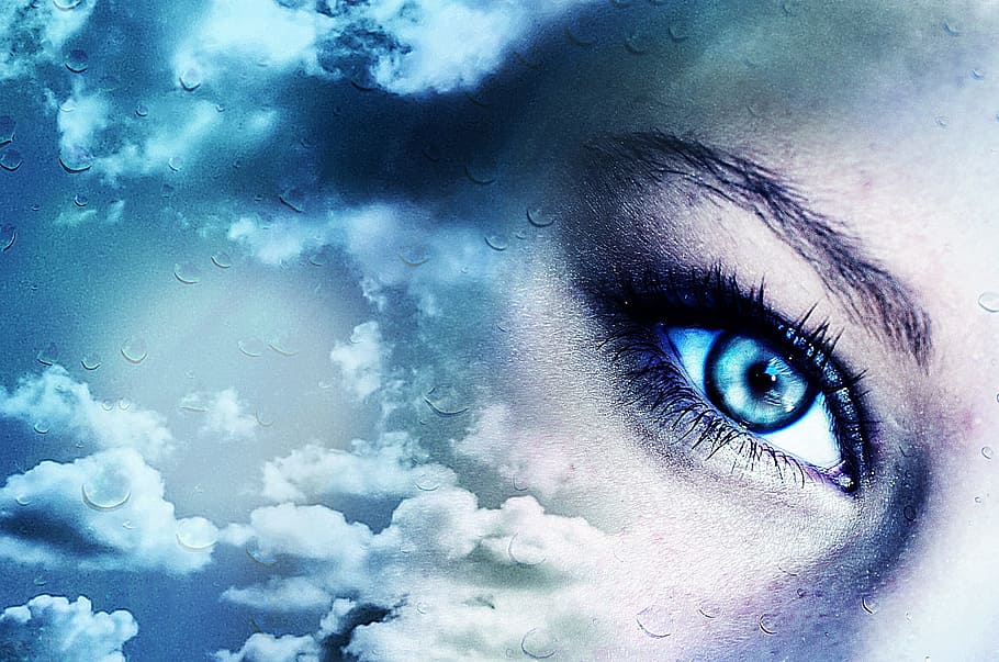 poster, wanita, mata, awan, penciptaan, tampilan, biru, gambaran besar, œil, iris