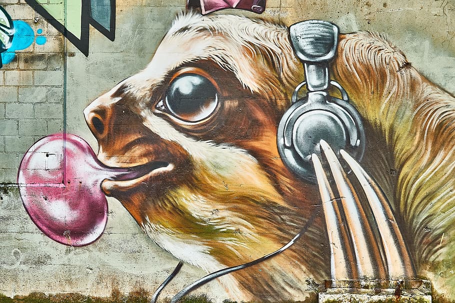 brown animal illustration, graffiti, art, sloth, headphones, mural, street art, modern art, wall, drawing