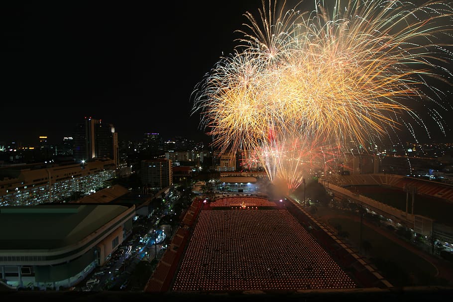 fogos de artifício, bangkok, tailândia, celebração, cidade, arquitetura, iluminado, noite, queima de fogos de artifício, fogo de artifício