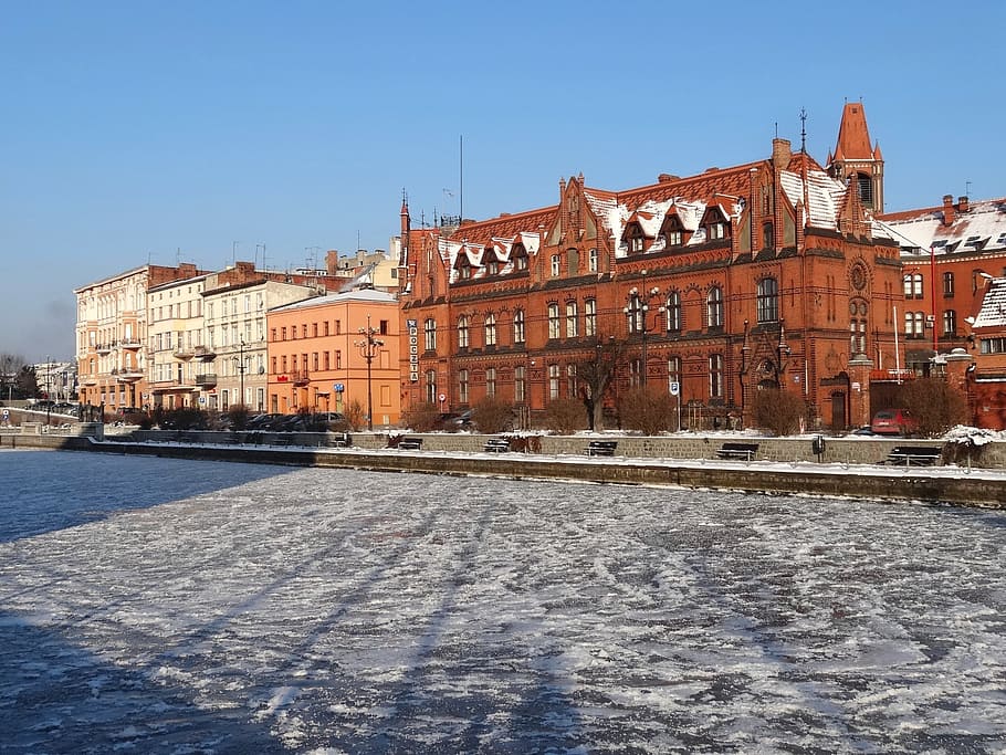 bydgoszcz, waterfront, brda, river, winter, architecture, poland, buildings, europe, cityscape