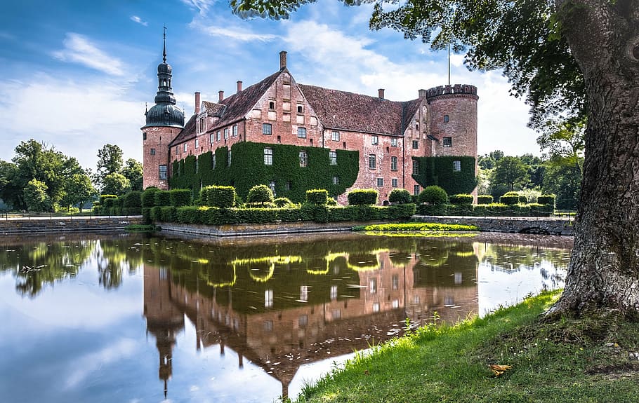 rumah besar, badan, air, swedia, kastil berparit, swedia selatan, historis, kastil, parit, bangunan tua