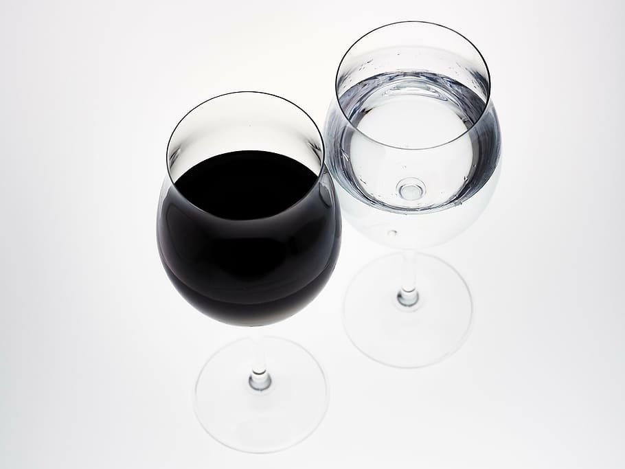 two, water goblets, filled, black, liquid, wine glass, wine glasses, glasses, red wine, transparent