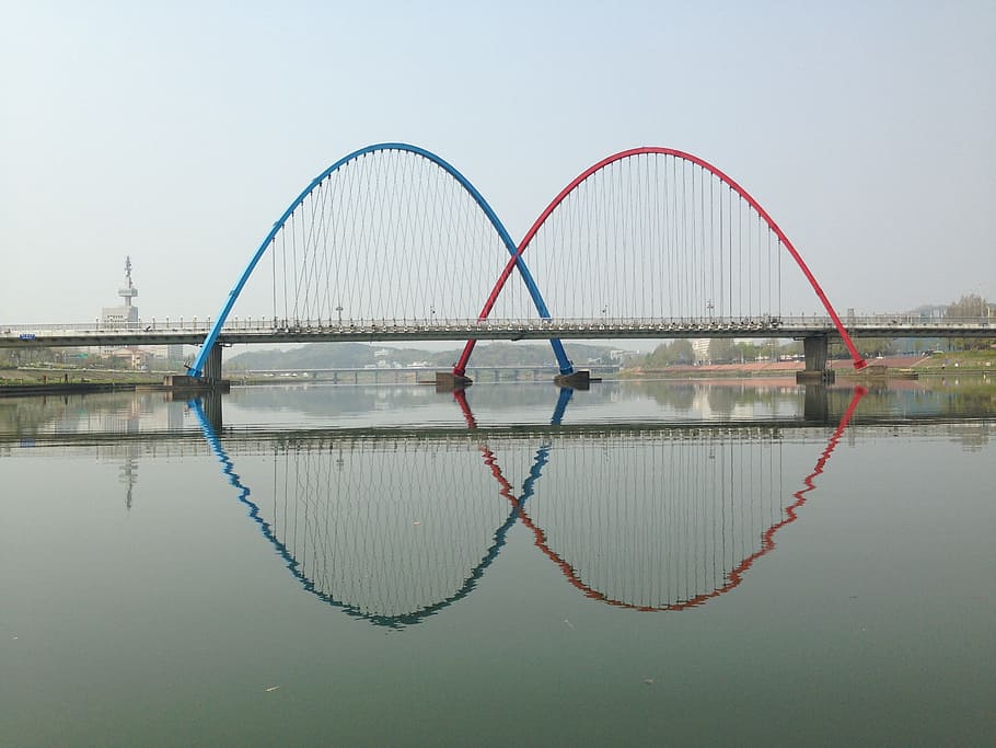 bridge, river, 대전, daejeon, south korea, water, reflection, sky, waterfront, nature