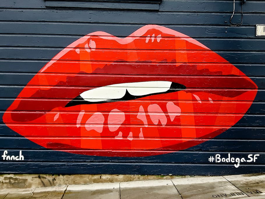 lukisan tanda ciuman, mulut, ciuman, gigi, bibir, bibir merah, menggoda, grafiti, merah, dinding