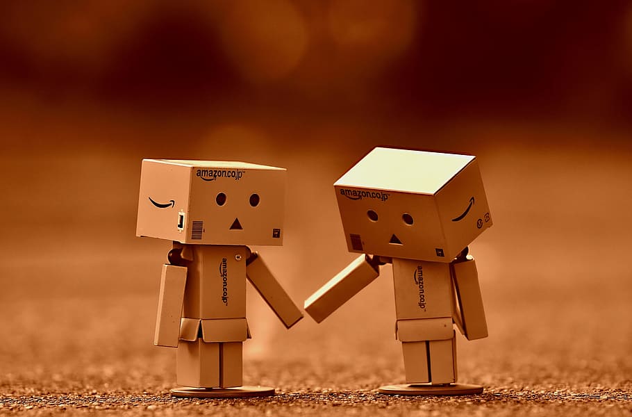 two, human, cardboard boxes, brown, surface, danbo, figure, together, hand in hand, love