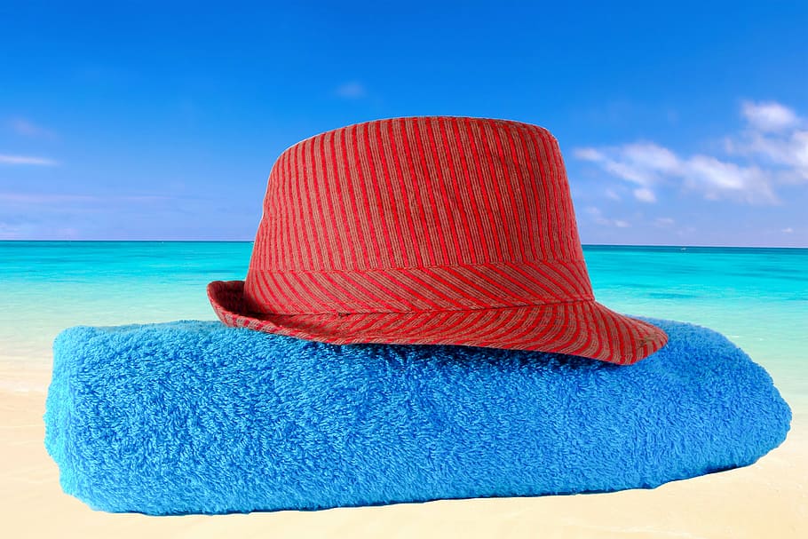 red, hat, blue, bath towel, towel, sea, holiday, beach, dry, dune