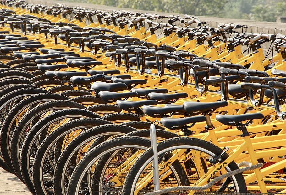 asia, china, xian, bike, bicycle, yellow, city bikes, local transport, transportation, metal
