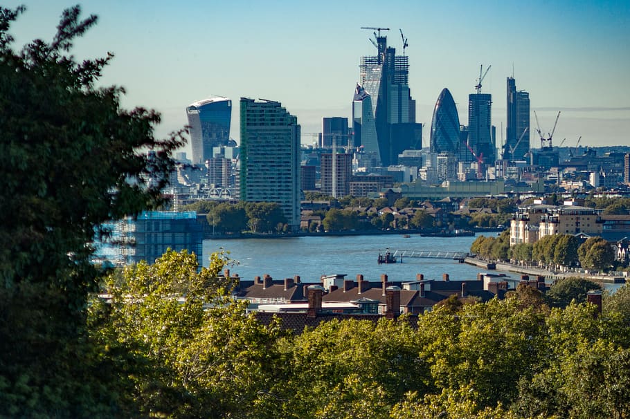 london, skyline, greenwich, river, gherkin, architecture, river thames, building exterior, built structure, water