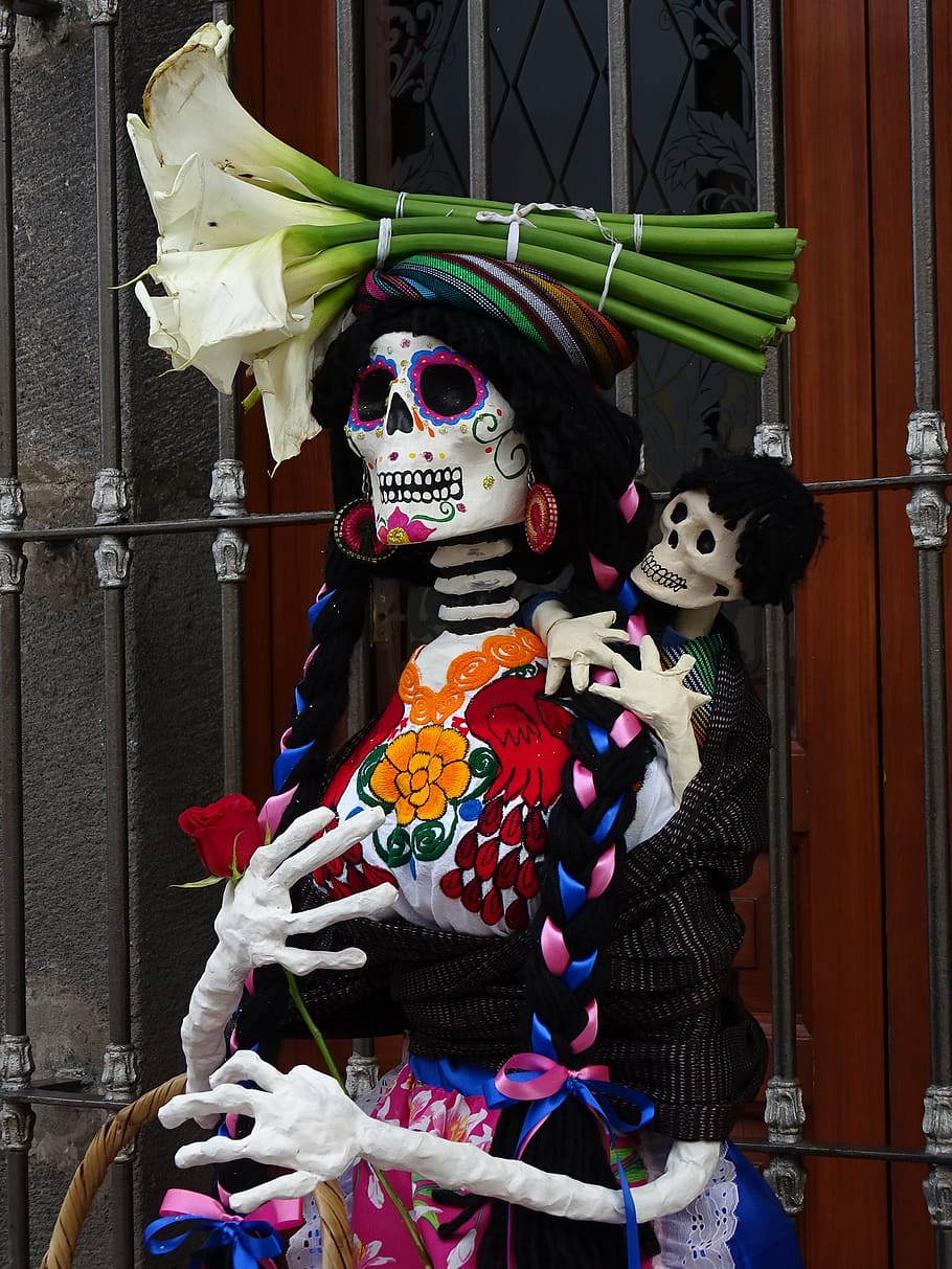 色とりどりのスケルトン装飾, メキシコ, 死者の日, 伝統, カトリーナ, 工芸品, 人気のお祭り, 死, 女性, 色