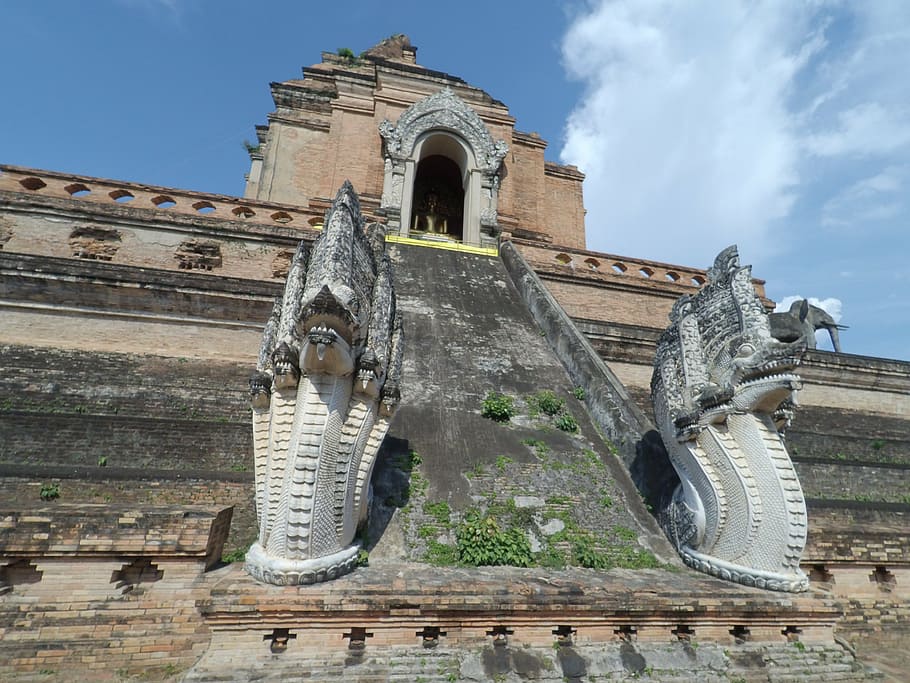 measure, chiang mai thailand, pagoda, wat chedi luang, built structure, architecture, sky, building exterior, history, the past