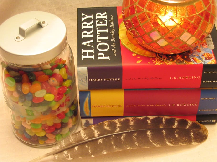 brown, feather, jar, books, harry potter, fantasy, wizard, halloween, jellybeans, bertie botts beans