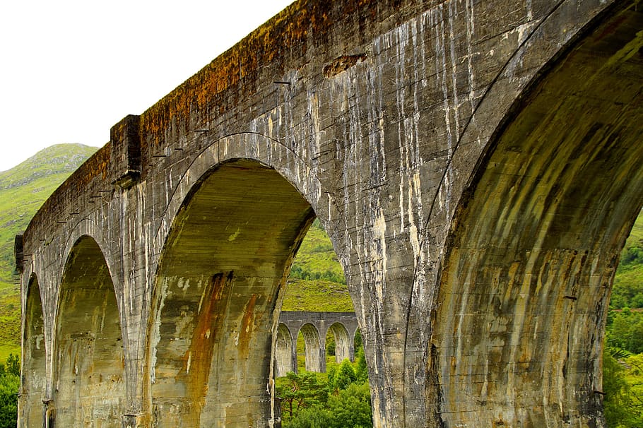 glenfinnan, jembatan di atas jalan, Kereta api, rel kereta api, jembatan, glenfinnan viaduct, Skotlandia, pemandangan, pegunungan, Arsitektur