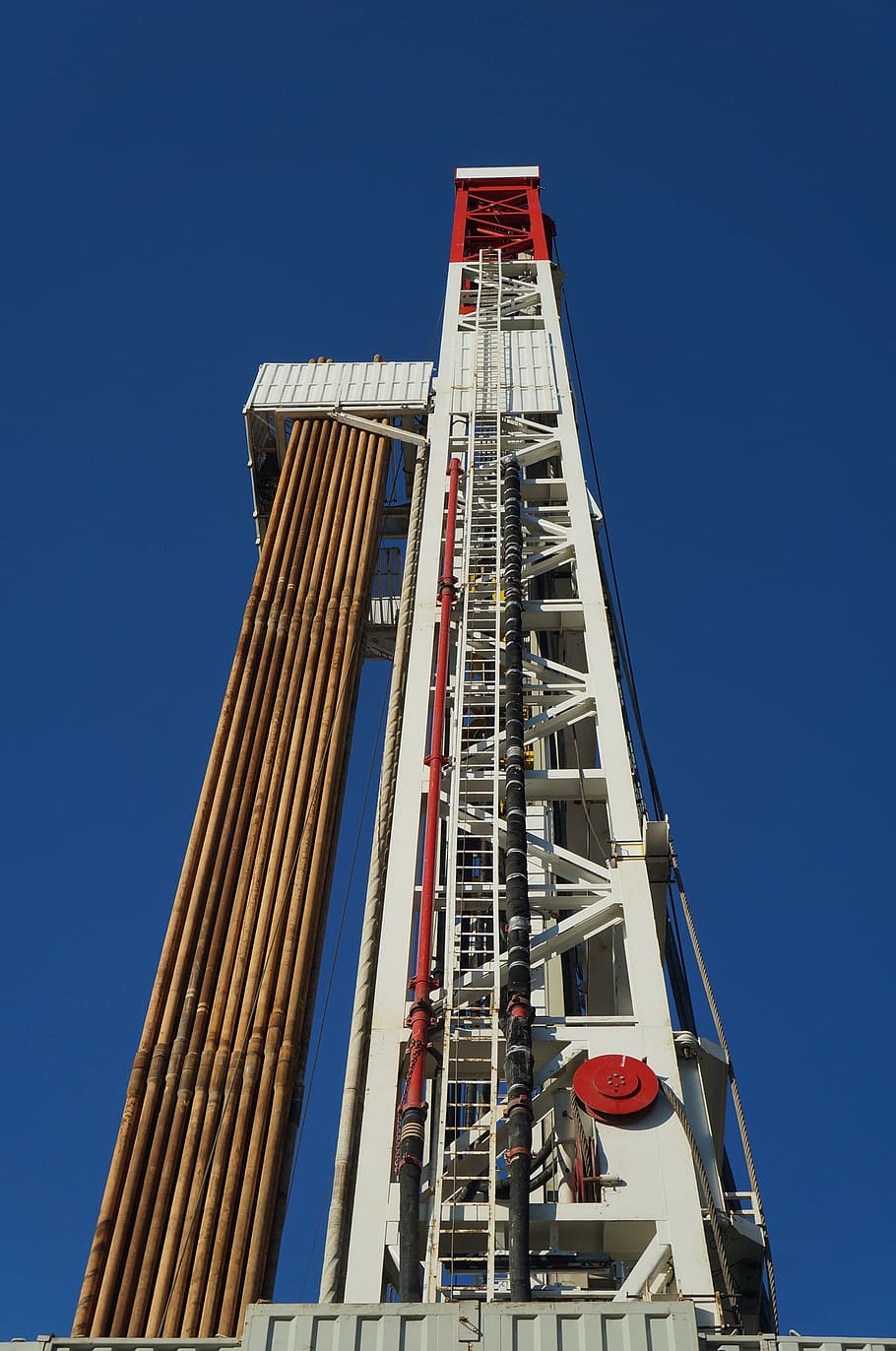 natural gas, drilling rig, search, oil rig, architecture, built Structure, low angle view, sky, clear sky, blue