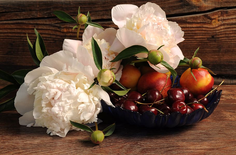 white, flowers, red, tomatoes, peonies, berries, cherry, peach, still life, food