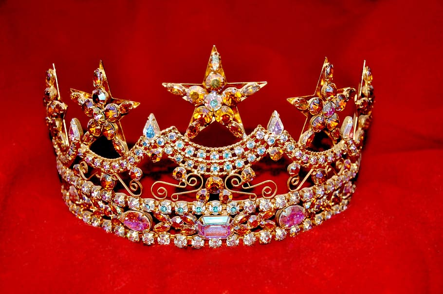 gold-colored crown, assorted-color gemstones, red, textile, gold, silver crown, crown, princess, beauty pageant, rhinestones