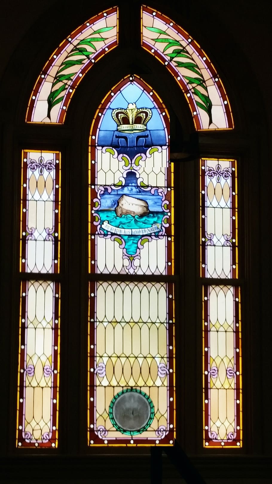 judío, templo, ventana, vidrio, manchado, azul, noah, arca, palma, rama